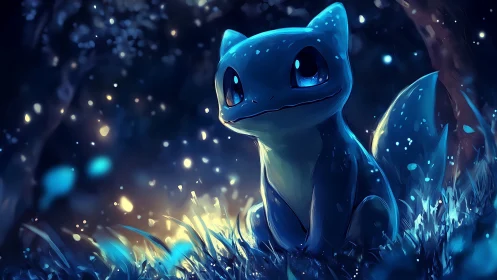 Bioluminescent blue creature glows softly in a moonlit forest.