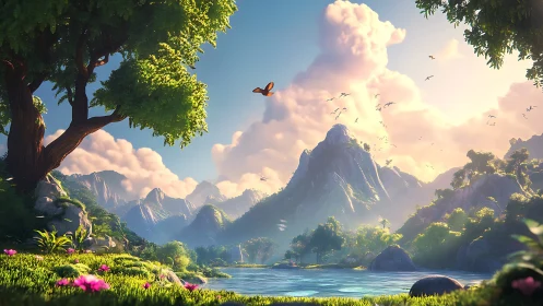 Luminous mountain valley with tranquil lake and soaring birds.