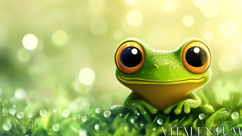 Green frog with large eyes on dewy foliage at sunrise.