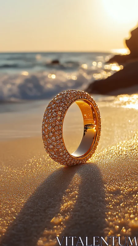 Diamond ring casts a glowing shadow on sunlit beach sand.