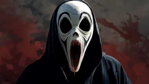 Digital painting of hooded skeletal screamer against blood sky.