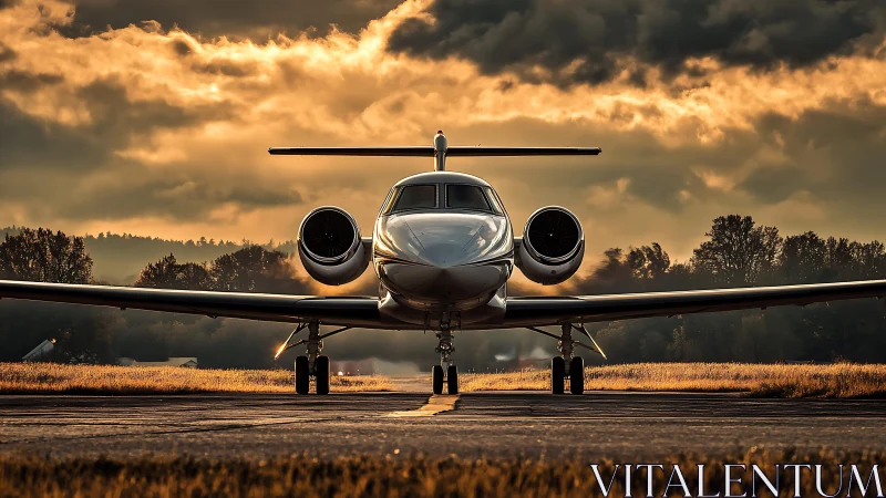 Dawnlit private jet poised for a dramatic skyward escape.