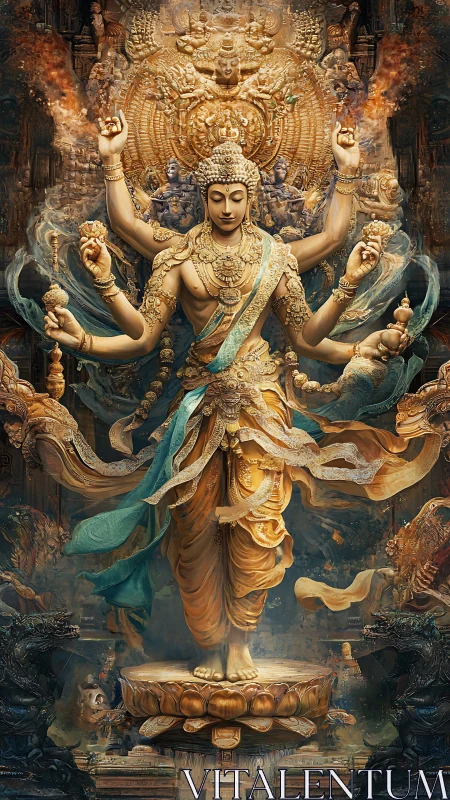 Radiant multi-armed deity ascends from ornate golden lotus