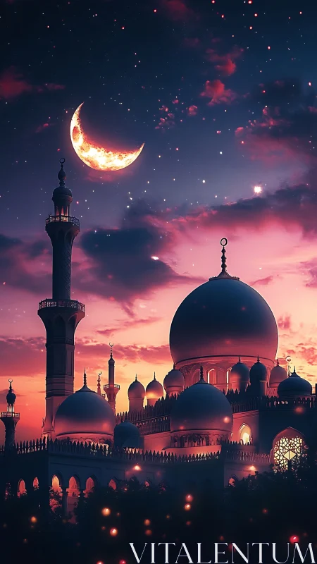 Mosque skyline under crescent moon at luminous twilight.