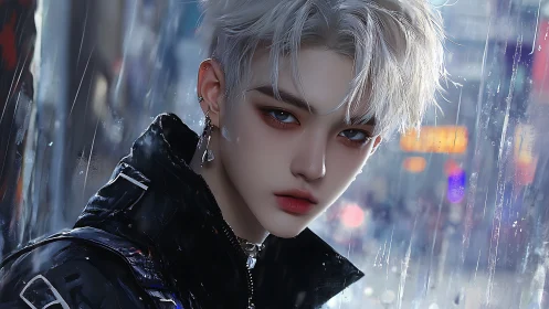 Androgynous figure in rain with neon city background view.