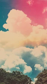 Gradient-tinted cumulus clouds over treeline in retro color field