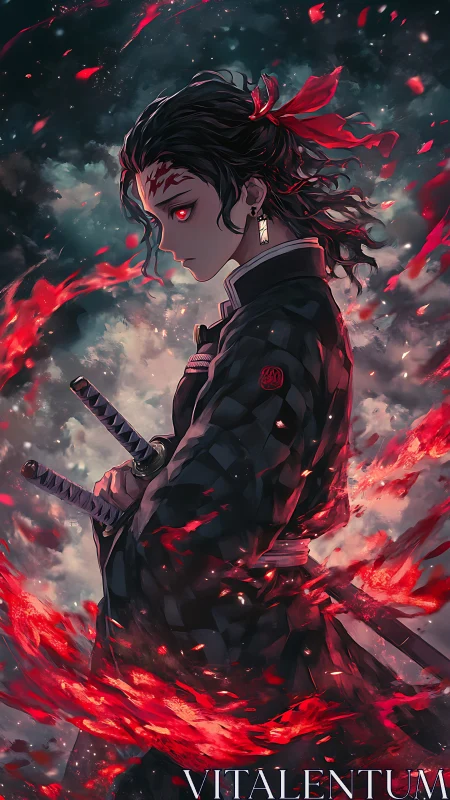 Ember-wreathed anime swordsman with dual katanas in stormscape.