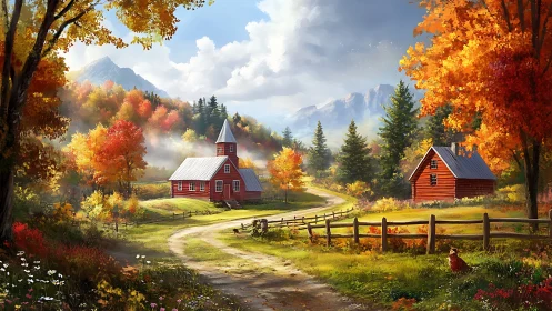 Autumn valley church and cabin beside winding country road