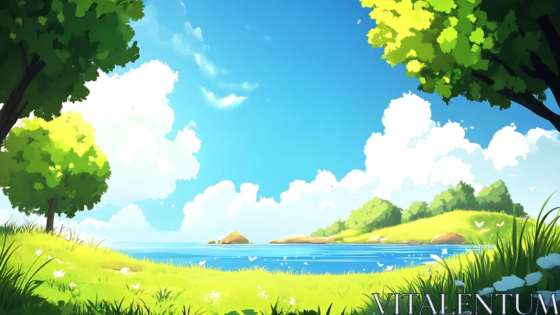 Serene Landscape with Lake, Trees, and Bright Sky