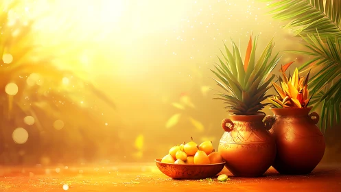Golden tropical still life with terracotta vases and fruit.