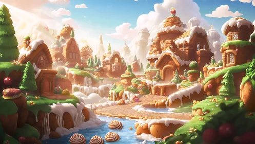 Candy-themed fantasy village with gingerbread architecture