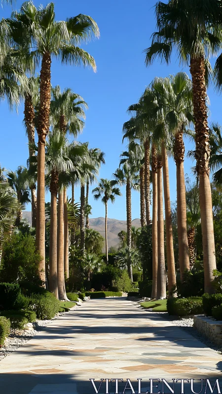Symmetrical palm alleyway extends toward distant arid mountains