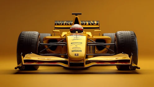 Yellow formula race car front view on solid studio backdrop.