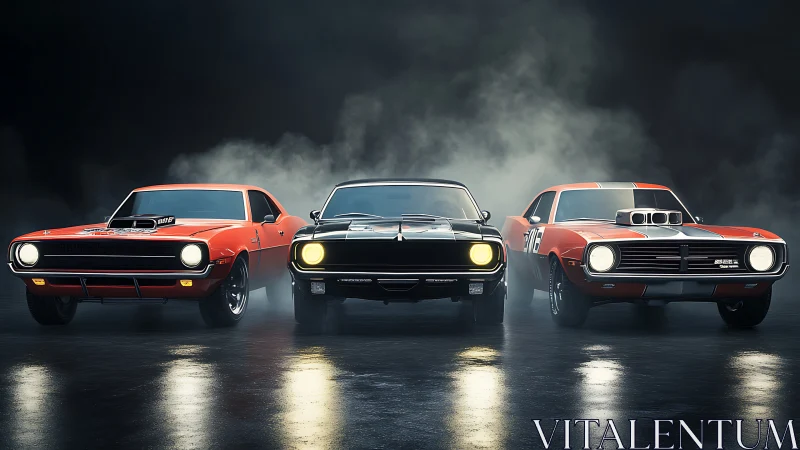 Three vintage muscle cars stand aligned in low key lighting