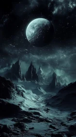 Lunar-lit exoplanet wasteland under cratered satellite sphere