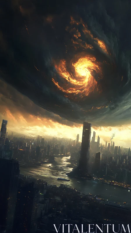 Apocalyptic vortex cloud forms over hyperdense riverside megacity skyline
