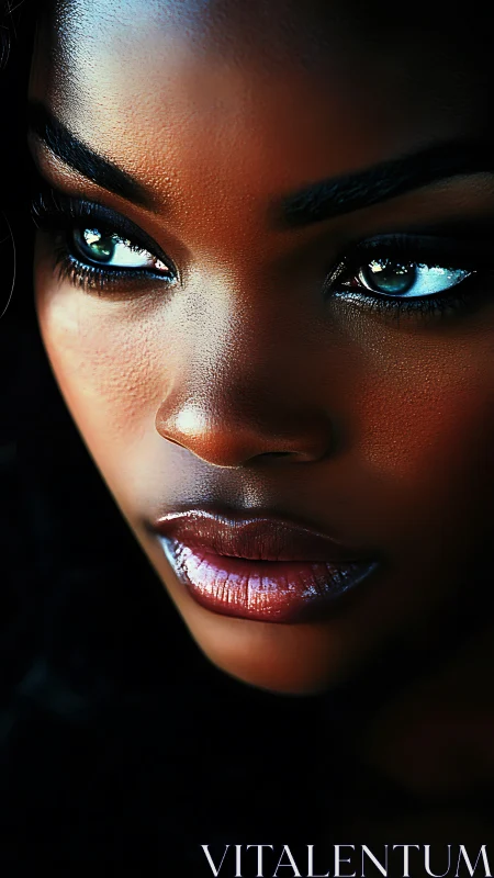 Close-up digital portrait shows intense gaze and glossy lips