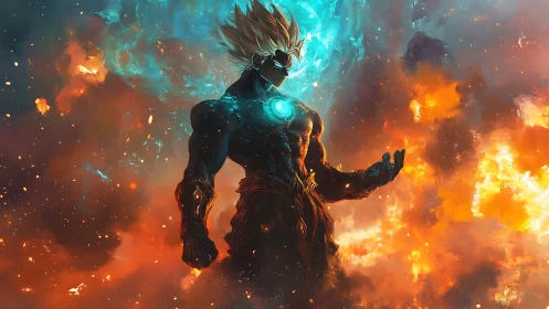 Celestial energy warrior rendered in high-contrast fiery nebula