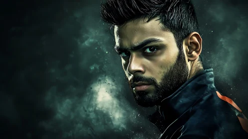 Intense male portrait emerges from dark, cinematic mist.