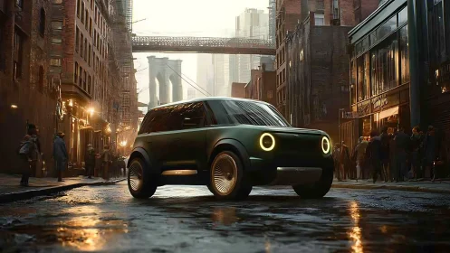 Sleek electric city SUV glides confidently through wet streets