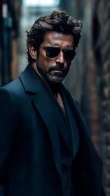 Photorealistic urban portrait in shallow-depth cinematic style.