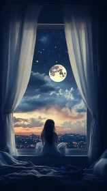 Girl at window watching moonrise above glowing city night.
