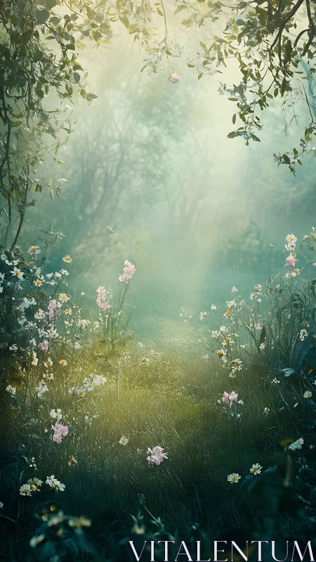 Softly lit woodland clearing contains flowers and dense foliage