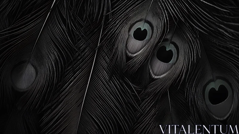 Velvety black peacock feathers with iridescent heart eyespots.