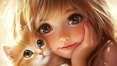Young girl and orange kitten share a warm, glowing moment together.