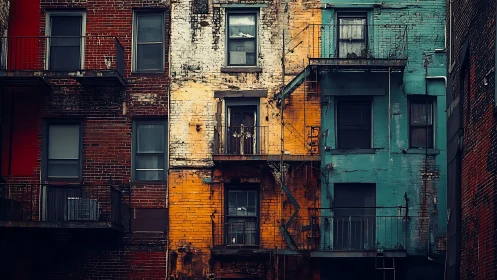 Weathered brick apartment facade shows color-blocked decay