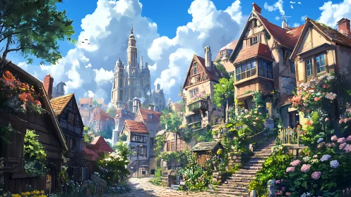 Sunlit hilltop village blooming beneath a storybook castle.