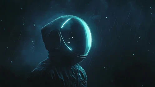 Neon-lit astronaut stands alone in a rainy, futuristic night.