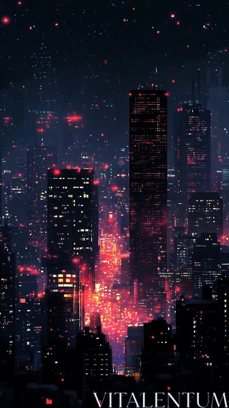 Neon-soaked cyberpunk skyline glows against a starry night