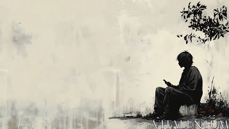 Quiet phone scroll under a leafy branch invites gentle pause