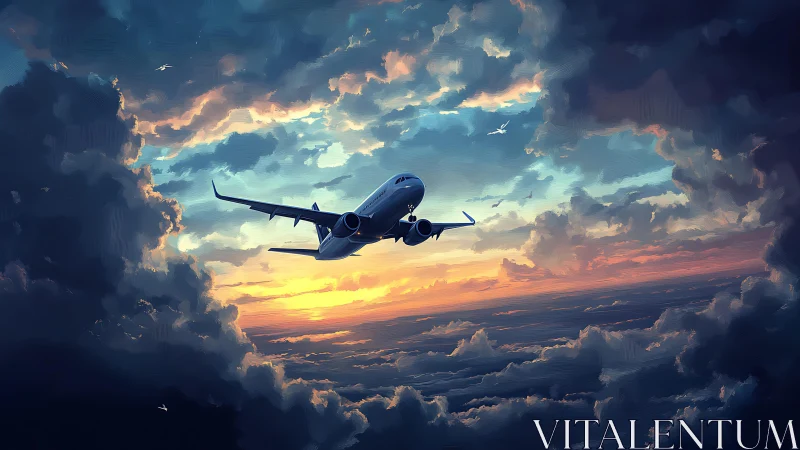 Sunset storm-runner jet carving color through clouds.