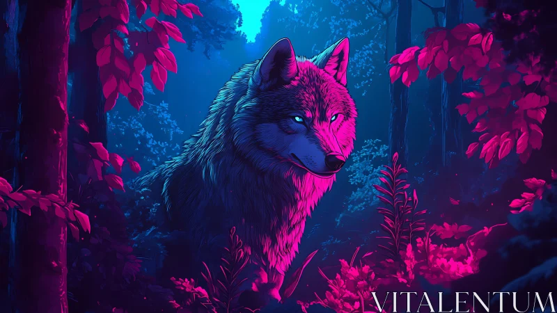 Neon lit wolf standing in glowing blue and pink forest.