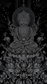 Serene Buddha meditates amid ornate lotus blooms in night silence