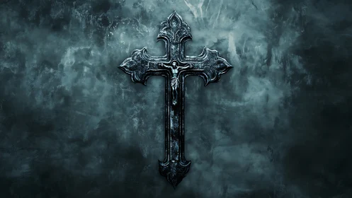 Gothic metal cross relief on textured cold blue atmospheric wall