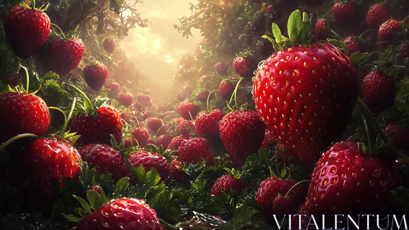 Sunlit strawberry field renders dew-covered ripe fruit