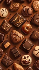 Assorted chocolate confections arranged on warm brown surface.