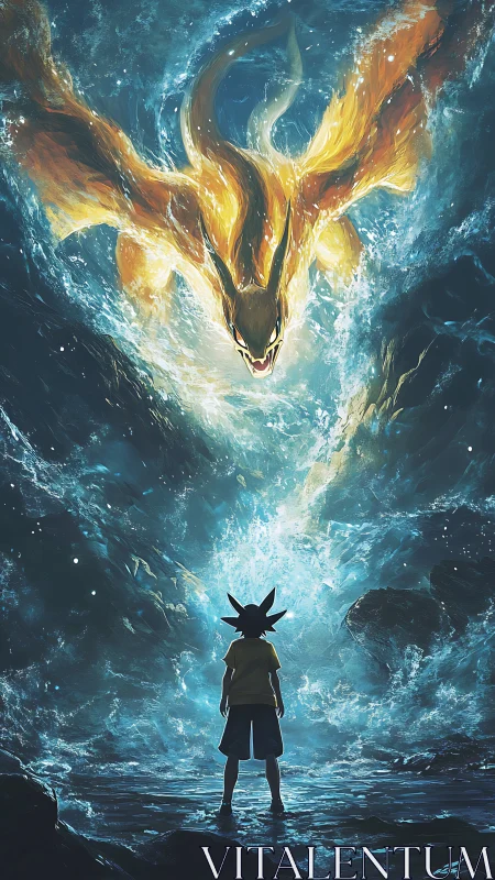 Child confronting colossal fiery dragon amid surging ocean vortex