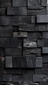 Charcoal black wooden block wall with staggered texture.