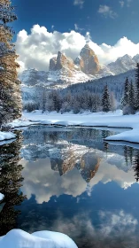 Snowbound alpine peaks mirror in crystal winter lake.