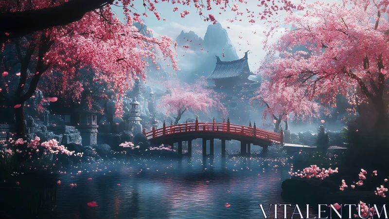 Cherry blossom bridge and temple in misty valley landscape.