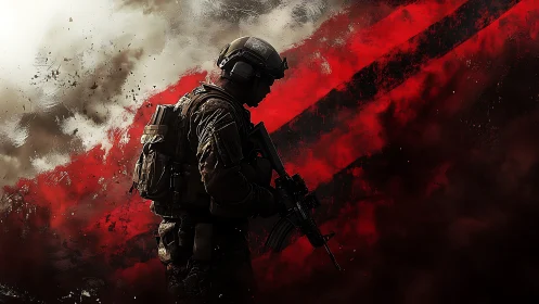 Combat soldier silhouette against red smoke battlefield.