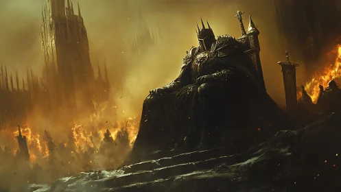 Dark armored king sits on throne amid burning fortress