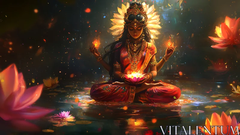 Goddess figure meditates in lotus pond with glowing fire