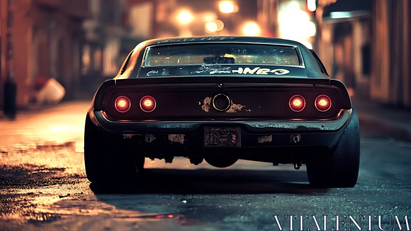 Retro muscle car idles under moody urban night glow.
