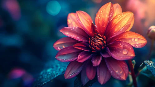 Macro Dahlia with Chromatic Gradient Petals and Dew Droplets
