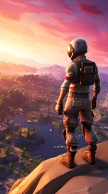 Astronaut explorer surveys a vibrant game world at sunset.